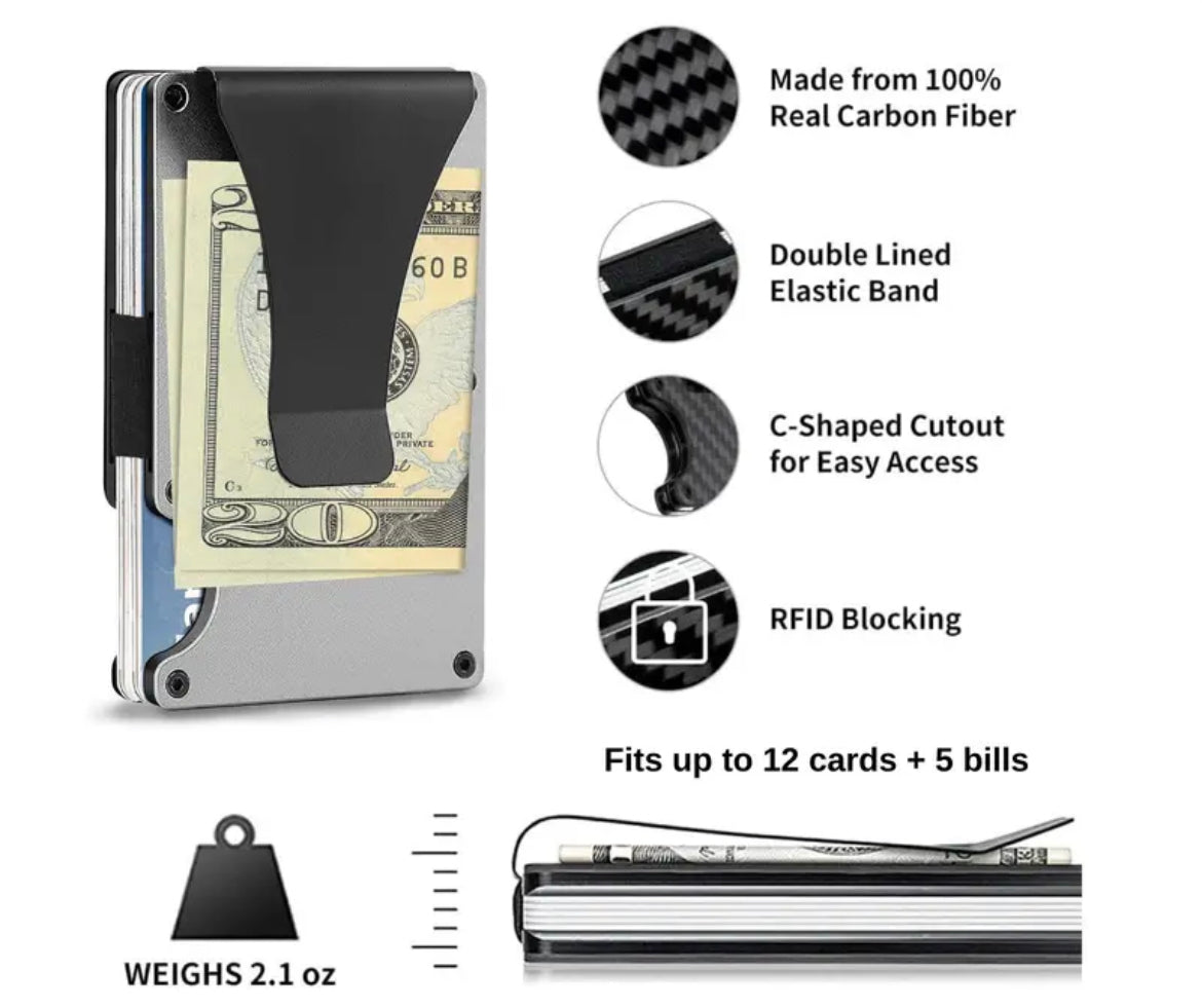 Carbon fiber card, cash & money clip wallet for men